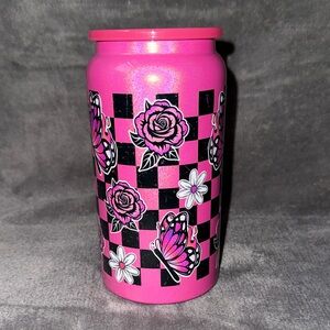 Pink and Black Floral Checkered Cup